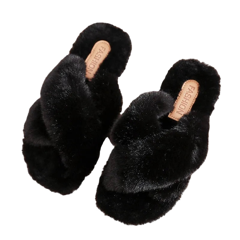 Ciepłe pantofle z podwójnym krzyżowym paskiem – miękkie i wygodne domowe kapcie dla kobiet